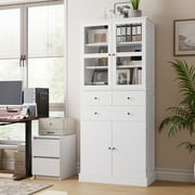 Homfa 71" Glass Doors Bookcase with 3 Drawers & 4 Doors, Modern Wood Display Cabinet for Living Room, Office, White