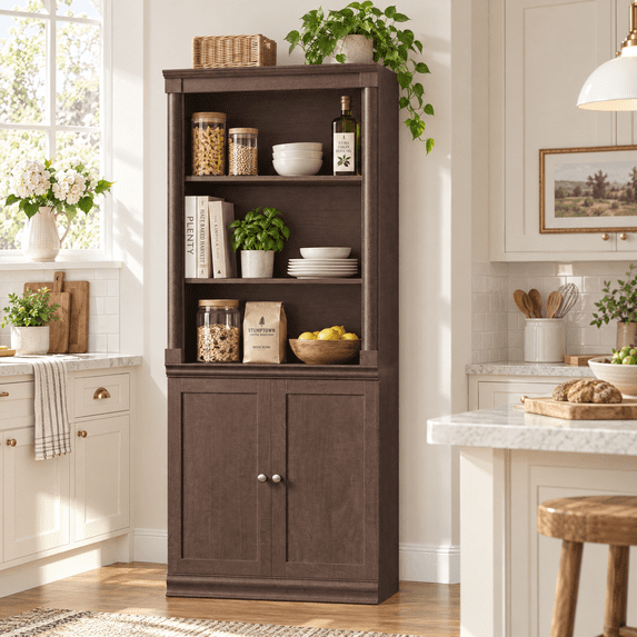 Homfa 71"H Pantry Cabinet with Doors, 5 Tier Cupboard with Adjustable Shelf for Kitchen Dining Room, Cherry