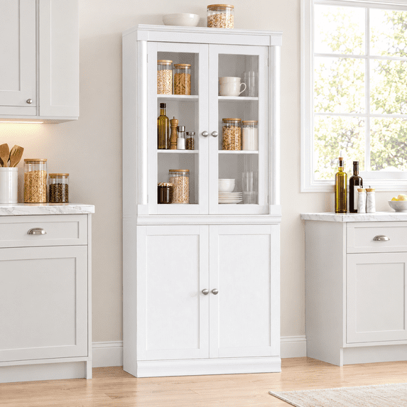 Homfa 71"H Pantry Cabinet with Tempered Glass Doors, 5 Tier Cupboard with Adjustable Shelf for Kitchen Dining Room, White