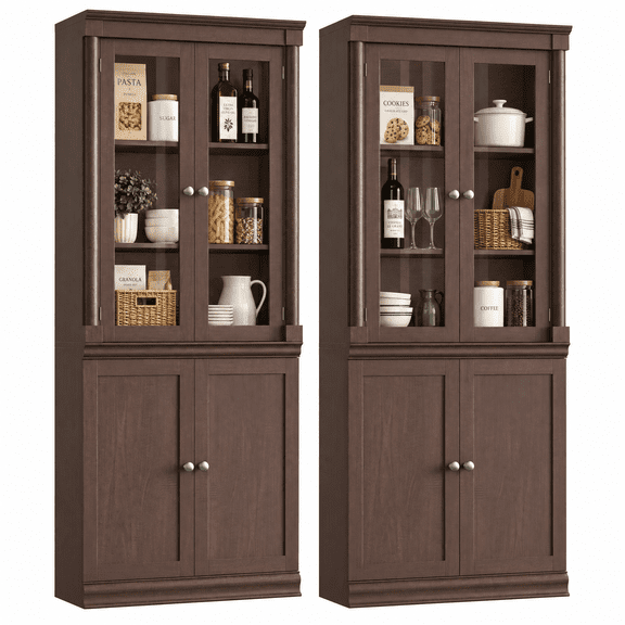 Homfa 71"H Pantry Cabinet with Tempered Glass Doors, 5 Tier Cupboard with Adjustable Shelf for Kitchen Dining Room, 2 Packs Cherry