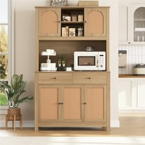 Homfa 71'' Kitchen Buffet Cabinet with Hutch, 2 Drawer Rattan Door Pantry Cupboard Storage Cabinet with Adjustable Shelves, Burlywood