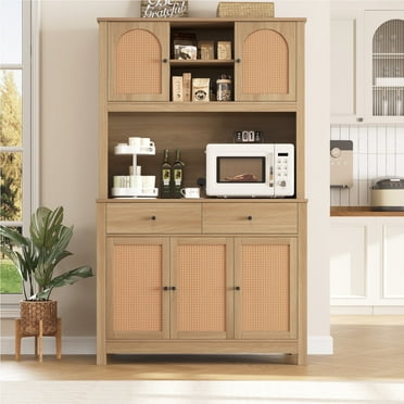 Homfa 71'' Kitchen Buffet Cabinet with Hutch, 2 Drawer Rattan Door Pantry Cupboard Storage Cabinet with Adjustable Shelves, Burlywood
