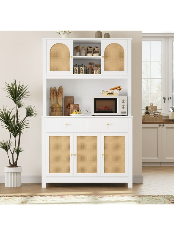 Homfa 71'' Kitchen Buffet Hutch Closet Cabinet, 2 Drawer Rattan Door Pantry Cupboard Storage Cabinet with Adjustable Shelves, White
