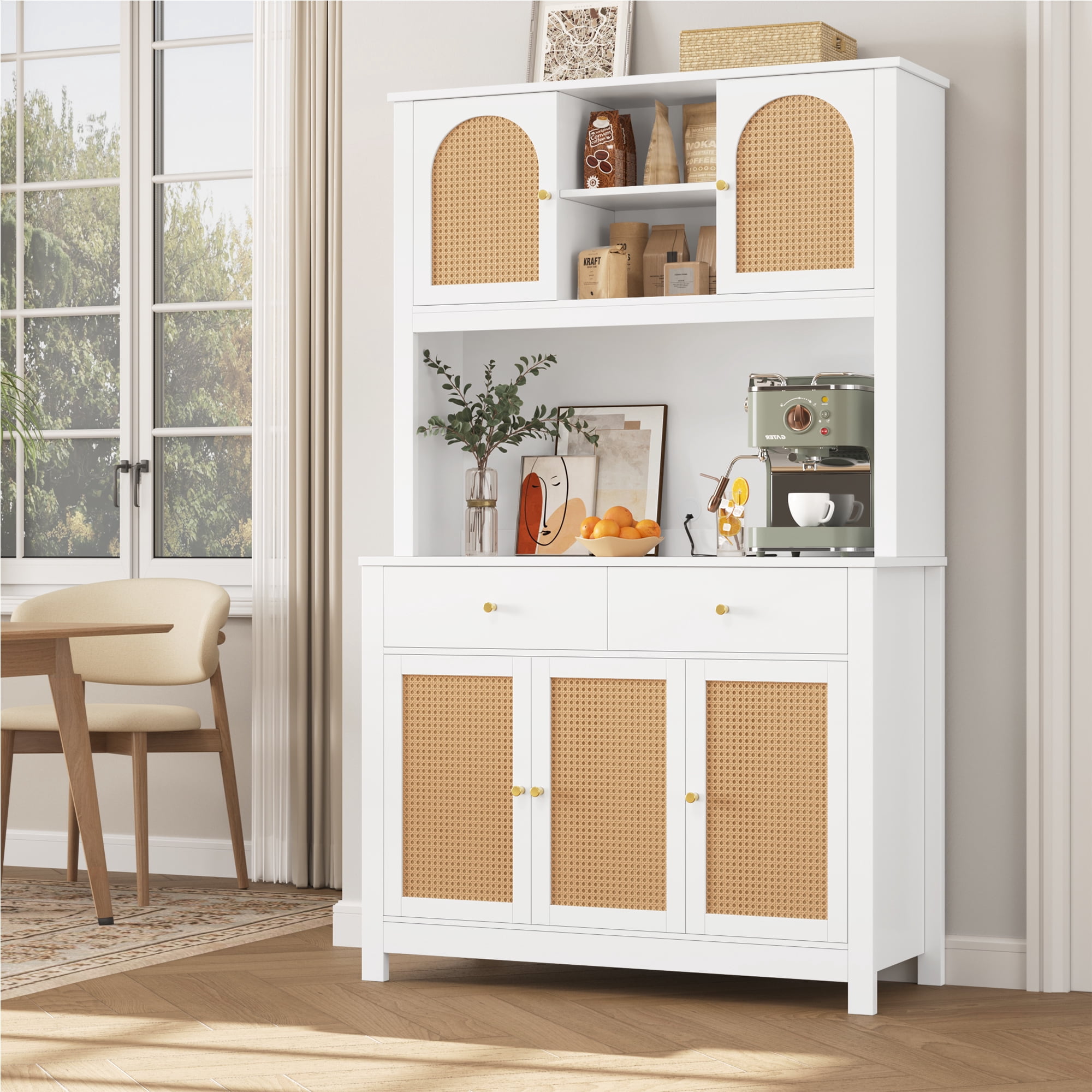 Homfa Modern Kitchen Pantry Cabinet with Hutch & Adjustable Shelf, 2 Drawer Rattan Door Wood Buffet Closet Cabinet, White