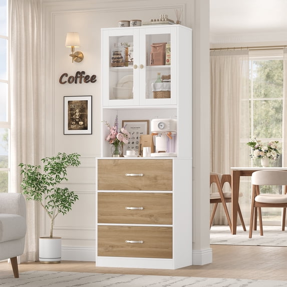 Homfa 71" Kitchen Pantry Cabinet with Glass Doors, Modern Coffee Bar Storage Cabinet with 3 Drawers & Adjustable Shelves, Freestanding Cupboard for Dining Room Living Room, White Khaki