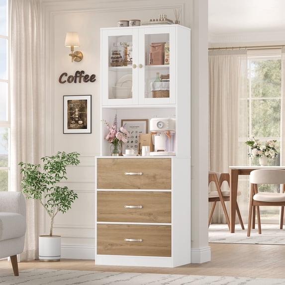 Homfa 71" Tall Kitchen Pantry Cabinet, Freestanding Storage Cupboard with Glass Doors, 3 Drawers & Adjustable Shelves, Modern Coffee Bar Cabinet for Kitchen Dining Room Living Room White Khaki