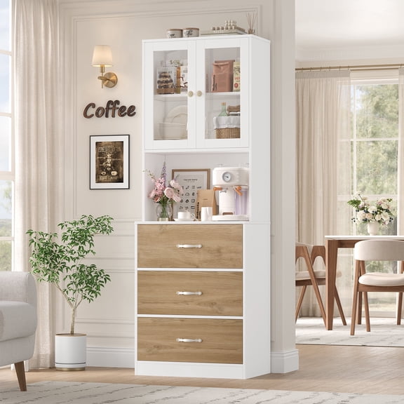 Homfa 71" Tall Kitchen Pantry Cabinet, Freestanding Storage Cupboard with Glass Doors, 3 Drawers & Adjustable Shelves, Modern Coffee Bar Cabinet for Kitchen Dining Room Living Room White Khaki