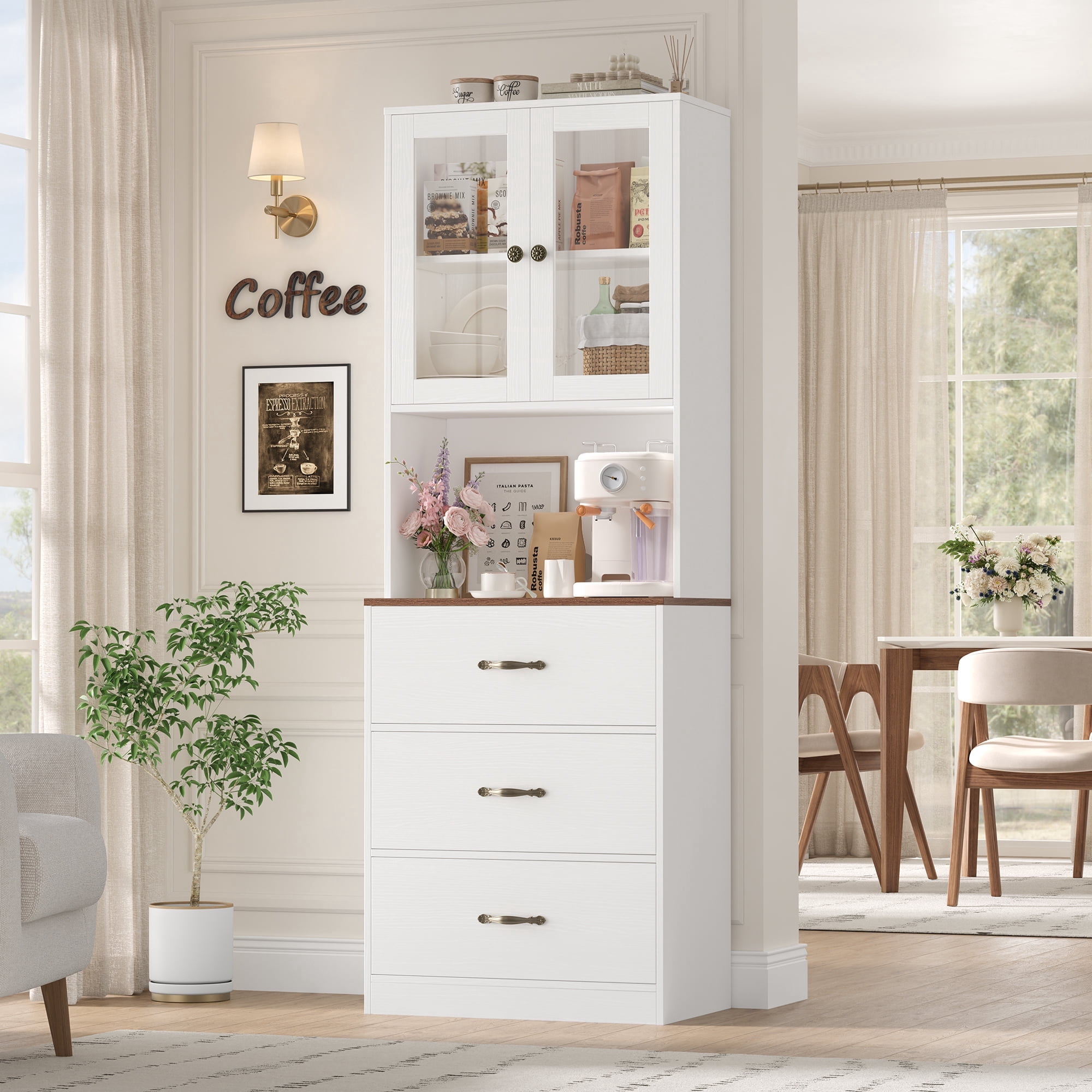Homfa 71" Tall Kitchen Pantry Cabinet, Freestanding Storage Cupboard with Glass Doors, 3 Drawers & Adjustable Shelves, Modern Coffee Bar Cabinet for Kitchen Dining Room Living Room, White Oak