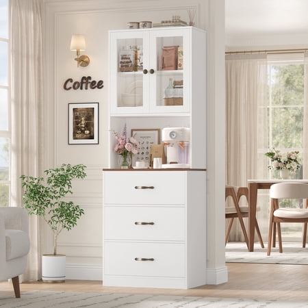 Homfa 71" Tall Kitchen Pantry Cabinet, Freestanding Storage Cupboard with Glass Doors, 3 Drawers & Adjustable Shelves, Modern Coffee Bar Cabinet for Kitchen Dining Room Living Room, White Oak