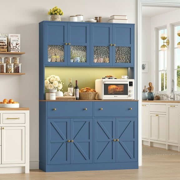 Homfa 71'' Kitchen Pantry Cabinet with LED Lights & Charging Station, Freestanding Kitchen Cupboard with Storage Drawer& Microwave Stand, Hutch Cabinet for Dining Living Room, Blue