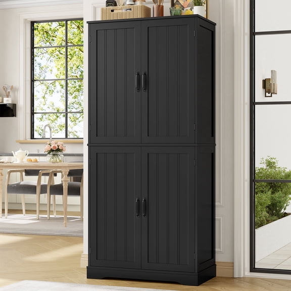 Homfa 71'' Kitchen Pantry Cabinet with 4 Doors, Modern Black Storage Cabinet for Dining Room Living Room