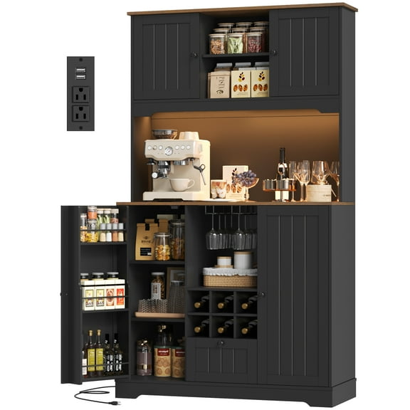 Homfa 71.3'' Kitchen Pantry Storage Cabinet with Charging Station, LED Light Kitchen Hutch Cabinet with Doors and Shelves and Wine Holder, Black