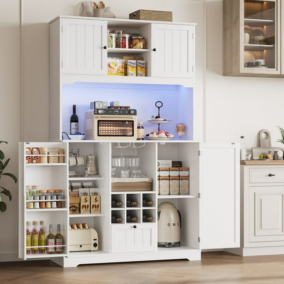 Homfa 71.3'' Kitchen Pantry Storage Cabinet with Charging Station, LED Light Kitchen Hutch Cabinet with Doors and Shelves and Wine Holder, White