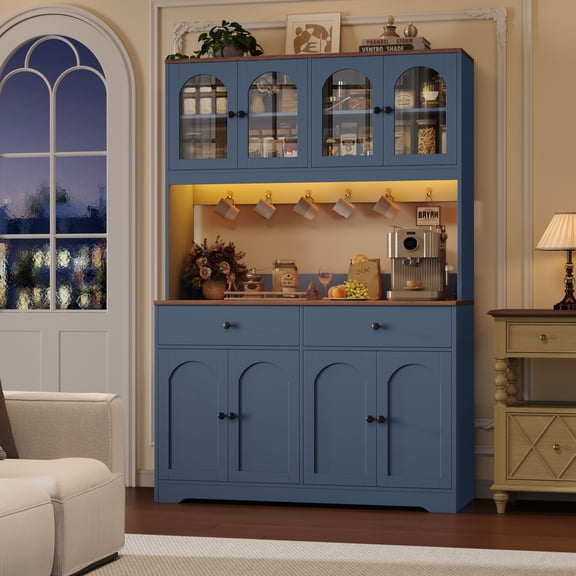 Homfa 71" Kitchen Pantry with LED Lights and Charging Station, Freestanding Kitchen Cupboard with Storage and Microwave Stand, Floor Cabinet for Dining Living Room, Blue