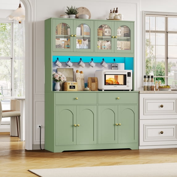 Homfa 71" Kitchen Pantry with LED Lights and Charging Station, Freestanding Kitchen Cupboard with Storage and Microwave Stand, Floor Cabinet for Dining Living Room, Green