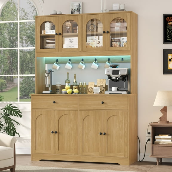 Homfa 71" Kitchen Pantry with LED Lights and Charging Station, Freestanding Kitchen Cupboard with Storage and Microwave Stand, Floor Cabinet for Dining Living Room, Wood Grain