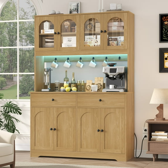 Homfa 71" Kitchen Pantry with LED Lights and Charging Station, Freestanding Kitchen Cupboard with Storage and Microwave Stand, Floor Cabinet for Dining Living Room, Wood Grain