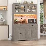 Homfa 71 Kitchen Pantry with LED Lights and Charging Station, Freestanding Kitchen Cupboard with Storage and Microwave Stand, Floor Cabinet for Dining Living Room, Wash Gray