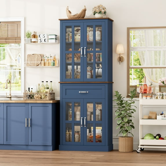 Homfa 71'' Kitchen Pantry with Adjustable Shelves & Drawer, Freestanding Storage Cabinet with 4 Glass Door for Living Room, Blue