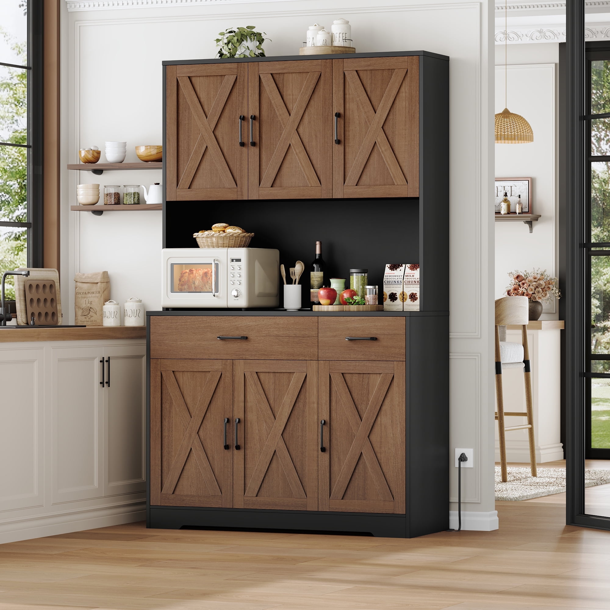 Homfa 71" Kitchen Pantry with Charging Station, Freestanding Cupboard with Adjustable Shelves, Floor Cabinet for Dining Room, Black&Brown