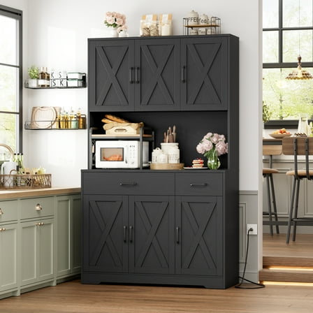 Homfa 71" Kitchen Pantry with Charging Station, Freestanding Cupboard with Adjustable Shelves, Floor Cabinet for Dining Room, Black Wood Grain