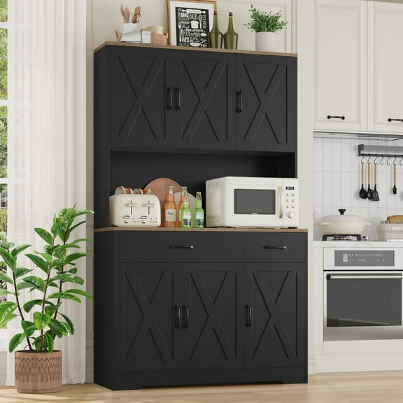 Homfa 71" Kitchen Pantry with Charging Station, Freestanding Cupboard with Adjustable Shelves, Floor Cabinet for Dining Room, Black
