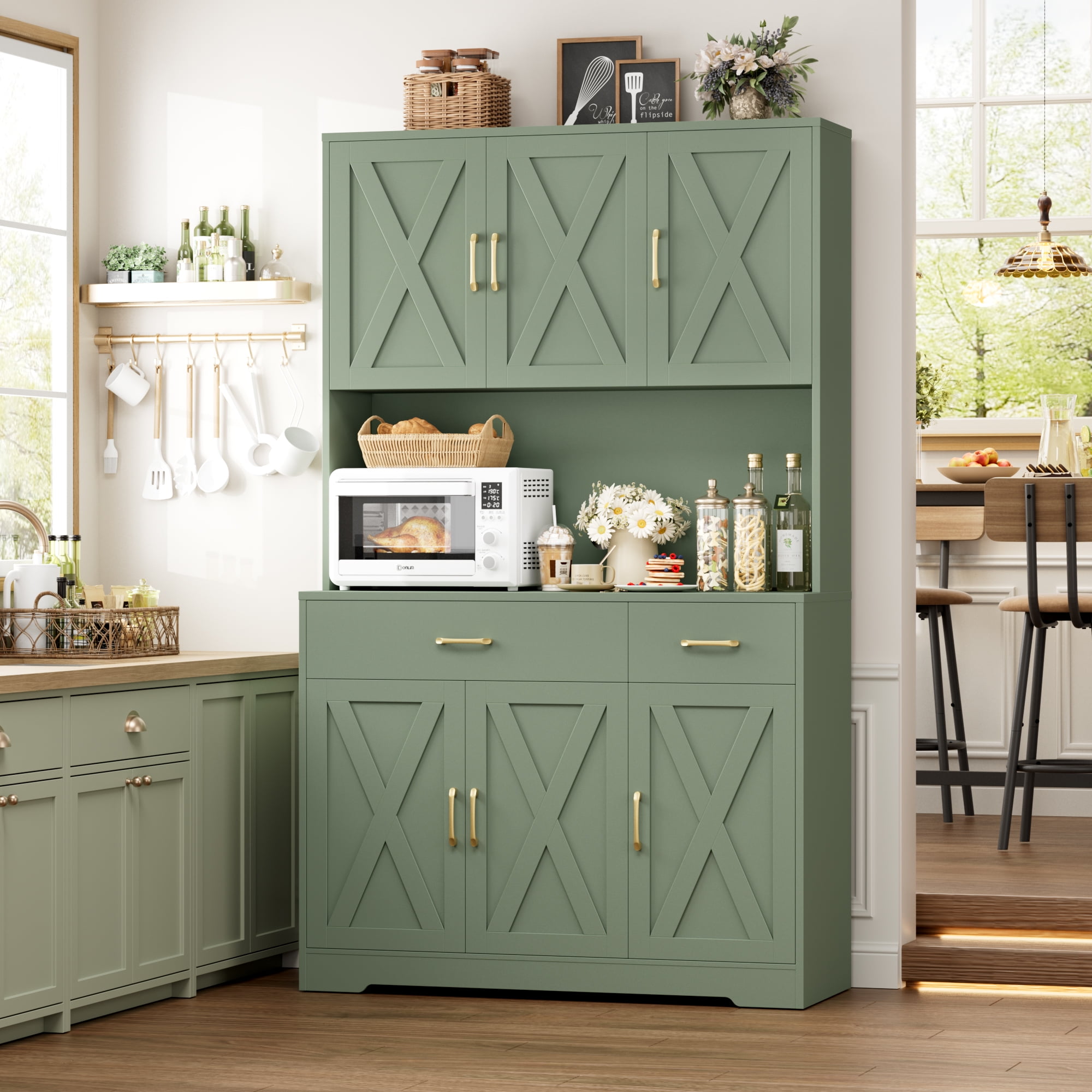 Homfa 71" Kitchen Pantry with Charging Station, Freestanding Cupboard with Adjustable Shelves, Floor Cabinet for Dining Room, Green