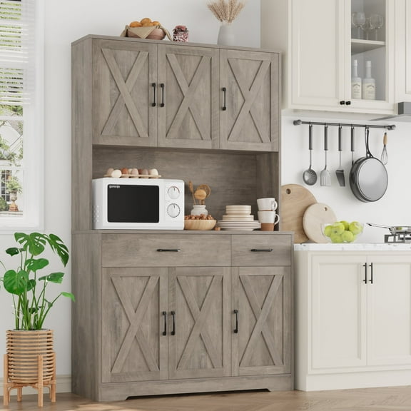 Homfa 71" Kitchen Pantry with Charging Station, Freestanding Cupboard with Adjustable Shelves, Floor Cabinet for Dining Room, Wash Gray