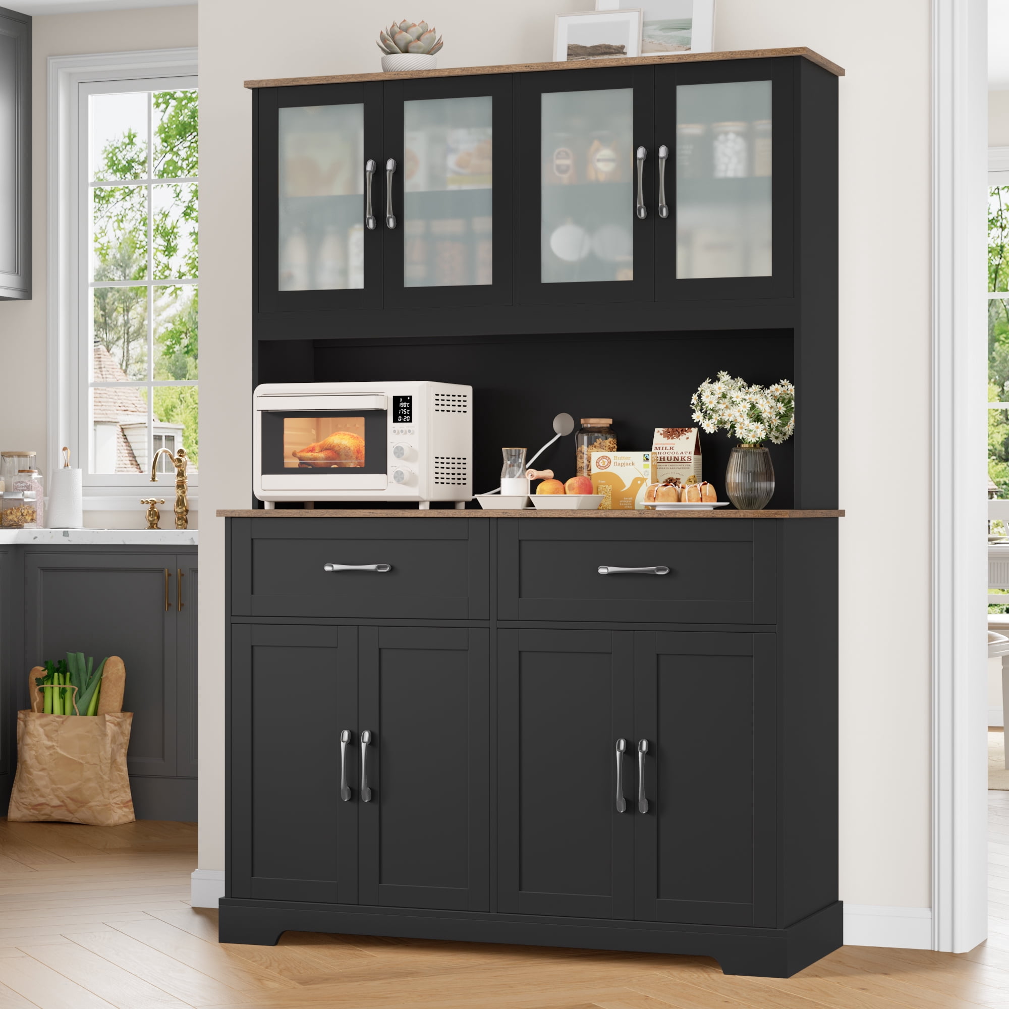 Homfa 71'' Tall 2 Drawer Kitchen Pantry Buffet Hutch, 4 Door Freestanding Cupboard Storage Cabinet, Black