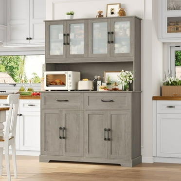 Homfa 71'' Tall 2 Drawer Kitchen Pantry Buffet Hutch, 4 Door Freestanding Cupboard Storage Cabinet, Wash Gray
