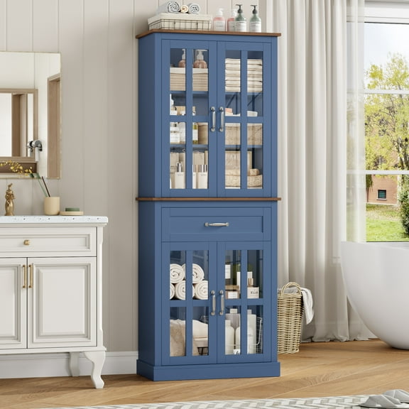 Homfa 71" Tall Bathroom Cabinet with Glass Doors, Freestanding Linen Cabinet with Drawer & Adjustable Shelves, Blue