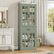 Homfa 71" Tall Bathroom Cabinet with Glass Doors, Freestanding Linen Cabinet with Drawer & Adjustable Shelves, Green