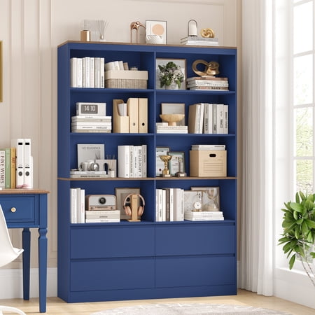 Homfa 71? Tall Bookcase with 4 Drawers, 8 Cubes 6-Tier Double Row Bookshelf, Bookcase for Home Office Living Room, Blue