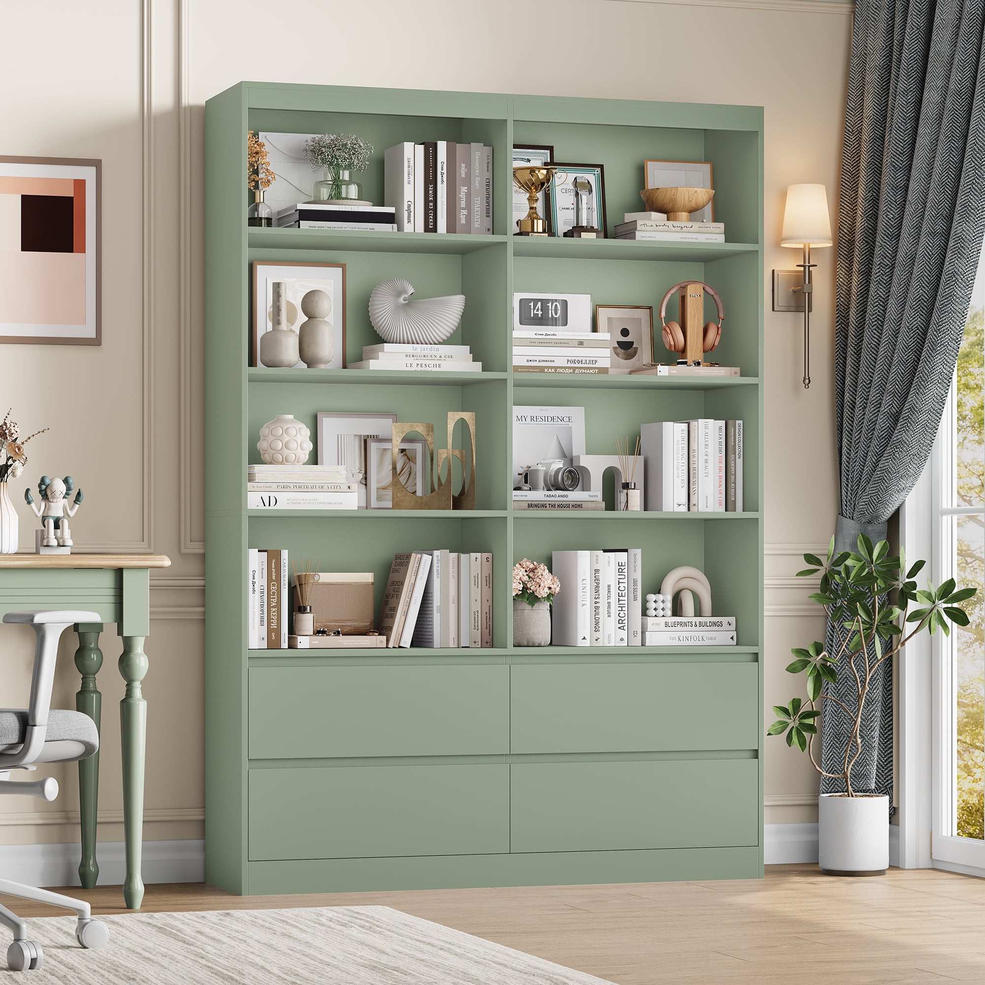 Homfa 71″ Tall Bookcase with 4 Drawers, 8 Cubes 6-Tier Double Row Bookshelf, Bookcase for Home Office Living Room, Green