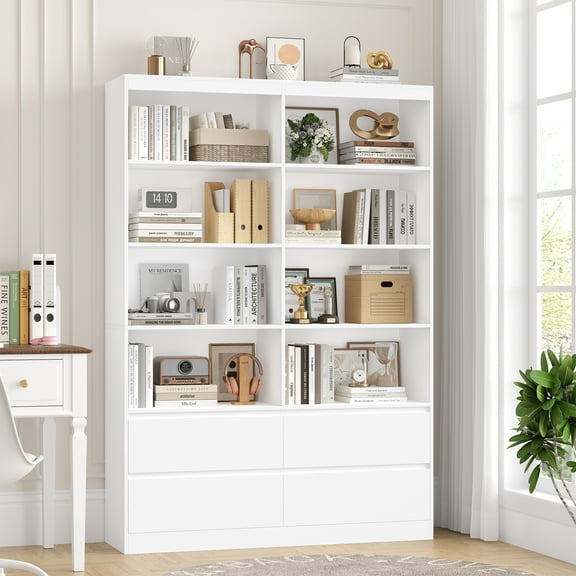Homfa 71″ Tall Bookcase with 4 Drawers, 8 Cubes 6-Tier Double Row Bookshelf, White Bookcase for Home Office Living Room