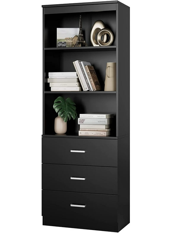 Homfa 71" Tall Bookcases with 3 Large Drawers & 3 Shelves, Wooden Bookshelf for Living Room Office, Black