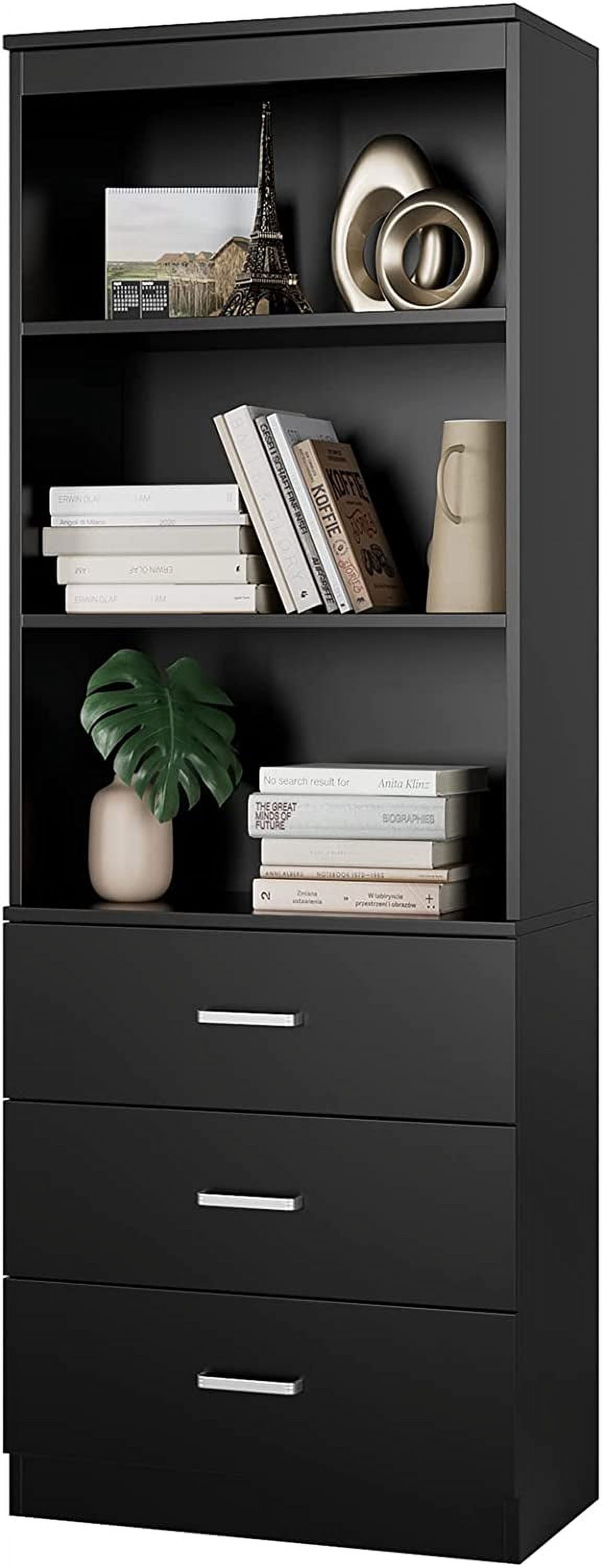 Homfa 71″ Tall Bookcase with 3 Drawers – Modern Black Finish