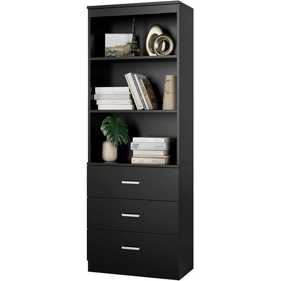 Homfa 71" Tall Bookcases with 3 Large Drawers & 3 Shelves, Wooden Bookshelf for Living Room Office, Black