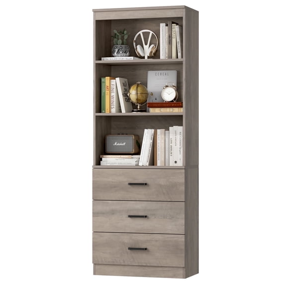 Homfa 71" Tall Bookcases with 3 Large Drawers, 3 Tier Wooden Storage Bookshelf for Living Room Home Office, Ash Grey