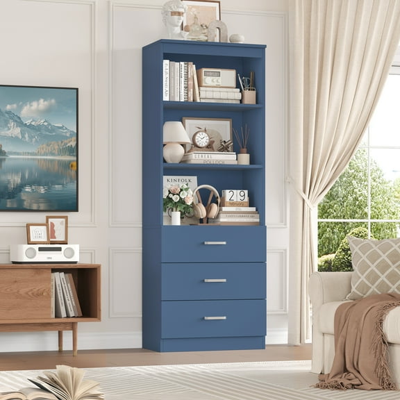 Homfa 71" Tall Bookcases with 3 Large Drawers, 3 Tier Wooden Storage Bookshelf for Living Room Home Office, Blue