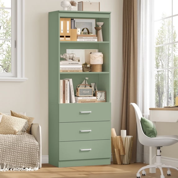 Homfa 71" Tall Bookcases with 3 Large Drawers, 3 Tier Wooden Storage Bookshelf for Living Room Home Office, Green