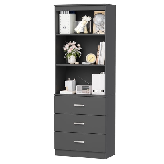 Homfa 71" Tall Bookcases with 3 Large Drawers, 3 Tier Wooden Storage Bookshelf for Living Room Home Office, Grey