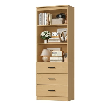 Homfa 71" Tall Bookcases with 3 Large Drawers, 3 Tier Wooden Storage Bookshelf for Living Room Home Office, Natural Color