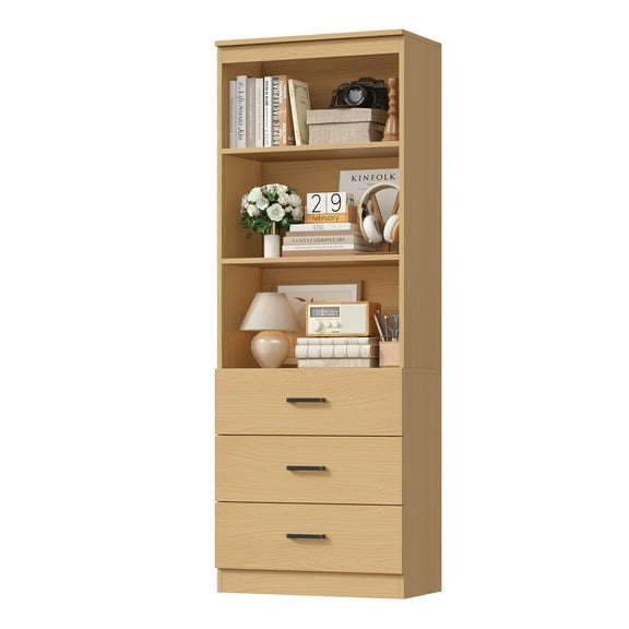 Homfa 71" Tall Bookcases with 3 Large Drawers, 3 Tier Wooden Storage Bookshelf for Living Room Home Office, Natural Color