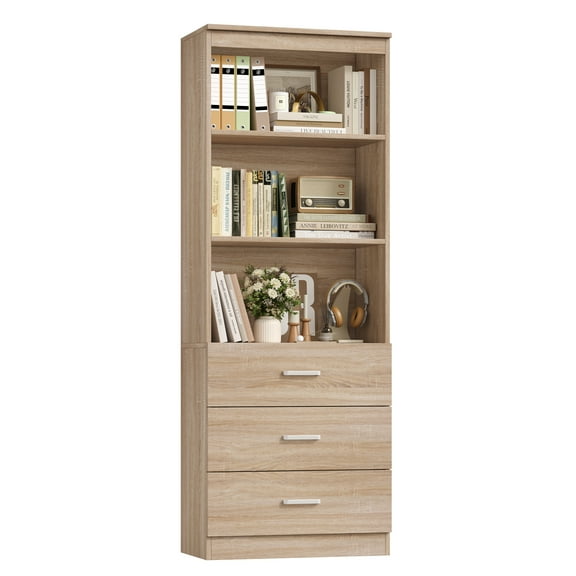 Homfa 71" Tall Bookcases with 3 Large Drawers, 3 Tier Wooden Storage Bookshelf for Living Room Home Office, Oak