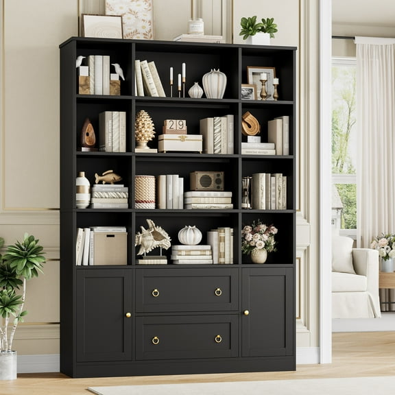 Homfa 71″ Tall Bookcases with Storage Drawers & Doors, 12 Cubes 4-Tier Triple Row Bookshelf, Black Bookcase for Living Room Home Office