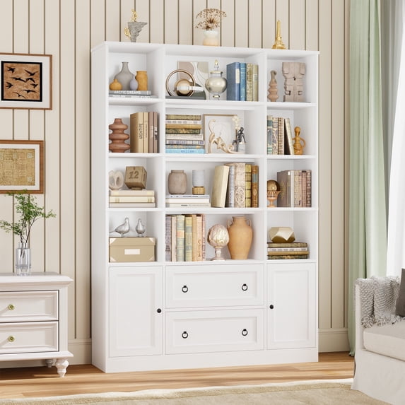 Homfa 71″ Tall Bookcases with Storage Drawers & Doors, 12 Cubes 4-Tier Triple Row Bookshelf, White Bookcase for Living Room Home Office