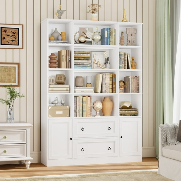 Homfa 71″ Tall Bookcases with Storage Drawers & Doors, 12 Cubes 4-Tier Triple Row Bookshelf, White Bookcase for Living Room Home Office