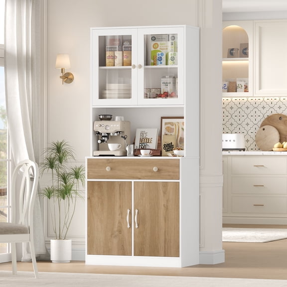 Homfa 71'' Kitchen Pantry Cabinet with Microwave Shelf & Drawer, 4 Doors Pantry Storage Cabinet with Adjustable Shelves for Dining Room, White+ Khaki