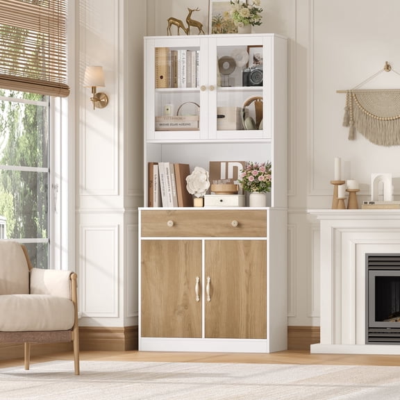 Homfa 71'' Tall Bookshelf with Drawer, 4 Doors Bookcase and Bookshelf with Storage & Adjustable Shelves for Living Room, White+ Khaki